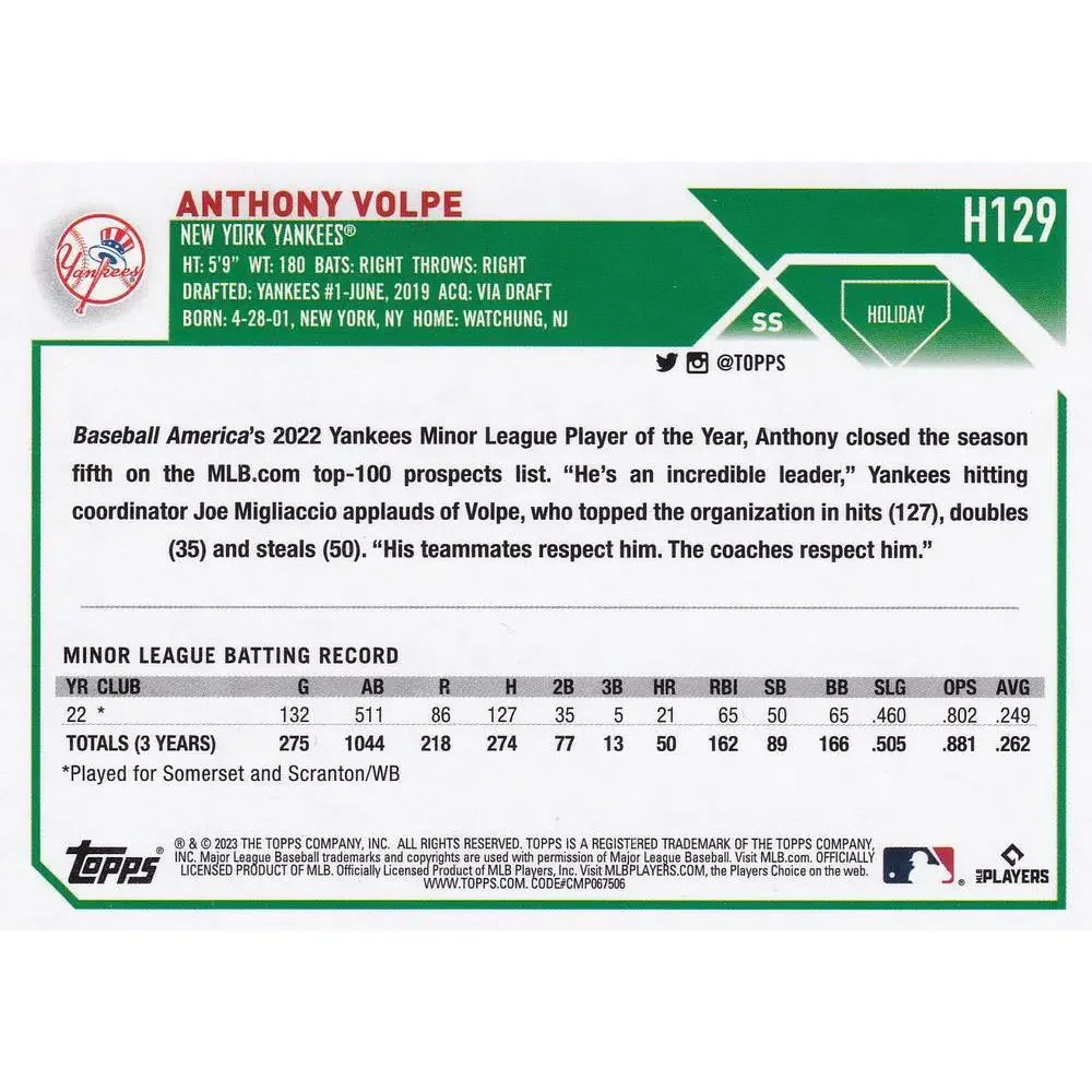 2023 Topps Holiday Anthony Volpe RC H129 New York Yankees